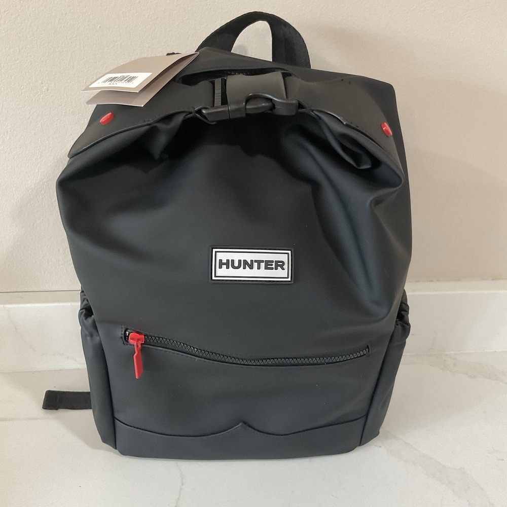 Hunter Top Clip Backpack Bag Black NEW W/ Tags Classic Logo Water Resistant Red